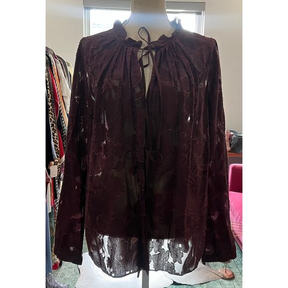 Dorothee Schumacher Burgundy Silk Lace Sheer Romance Tie Neck Blouse Top 4 $800 - Picture 15 of 16